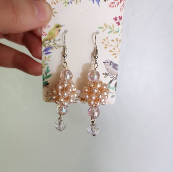 Mauve Faux Pearl Cluster Drop Earrings - Picture 3 of 6